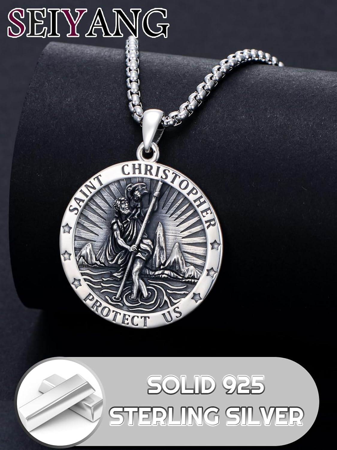 Seiyang St Christopher Medal for Men 925 Sterling Silver Round & Oval St Christopher Pendant Mens Double Sided Saint Christopher Medallion Necklace Protection Jewelry Religious Gifts for Men Women