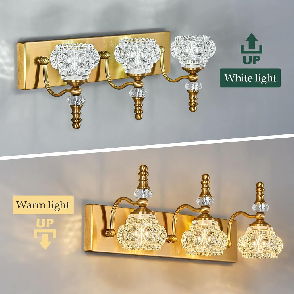 Modern Glass Crystal Vanity Light - Vintage Bathroom Lighting Fixtures Over Mirror, 3 Light Vanity Lights G9 Bulb (19.68 Inch, Gold)