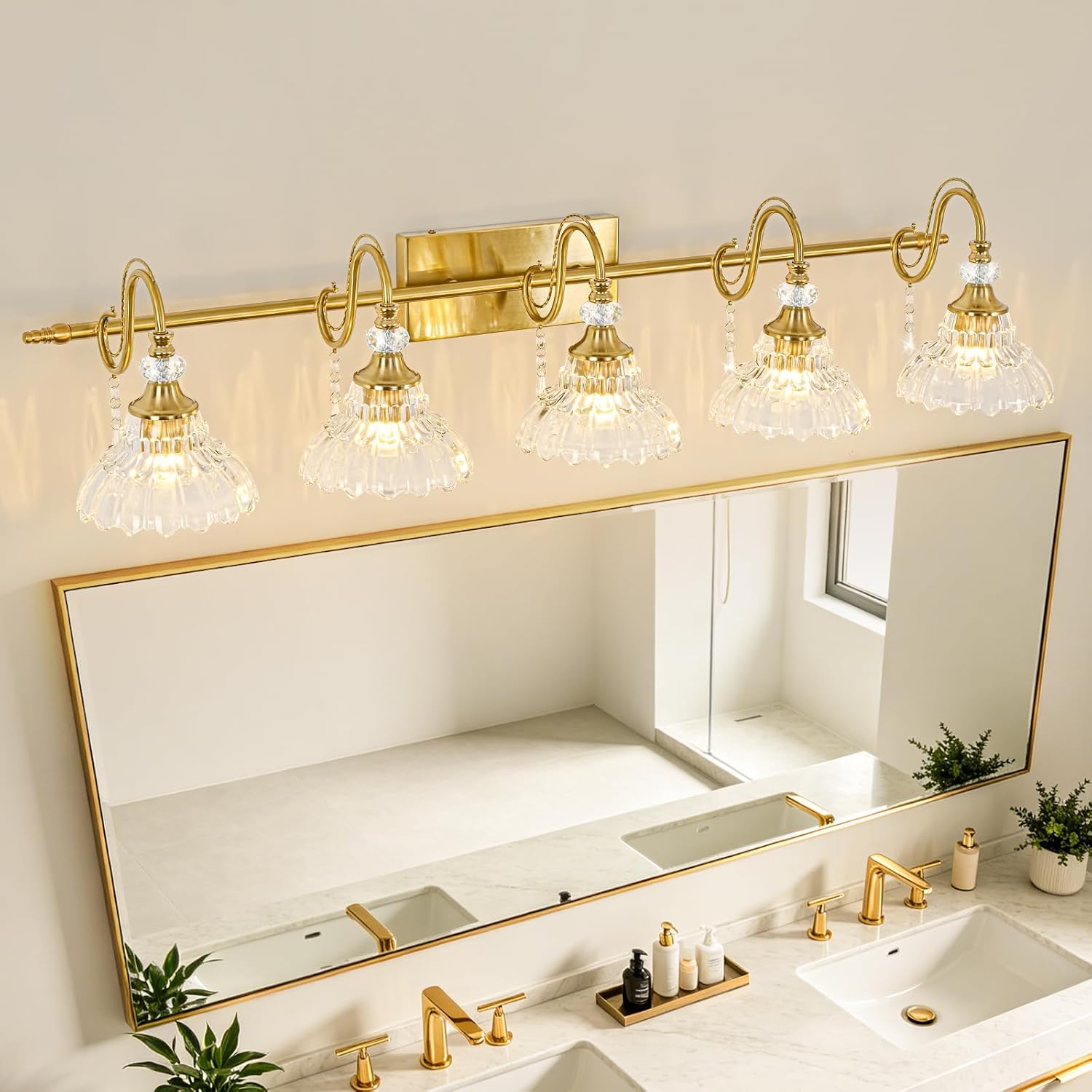 Vintage Bathroom Vanity Light, 5-Light Brushed Gold Finish Wall Sconce with Hanging Crystal Accents and Flower-Shaped Clear Glass Shades, Retro Wall Mount Vanity Light Over Mirror for Bathroom