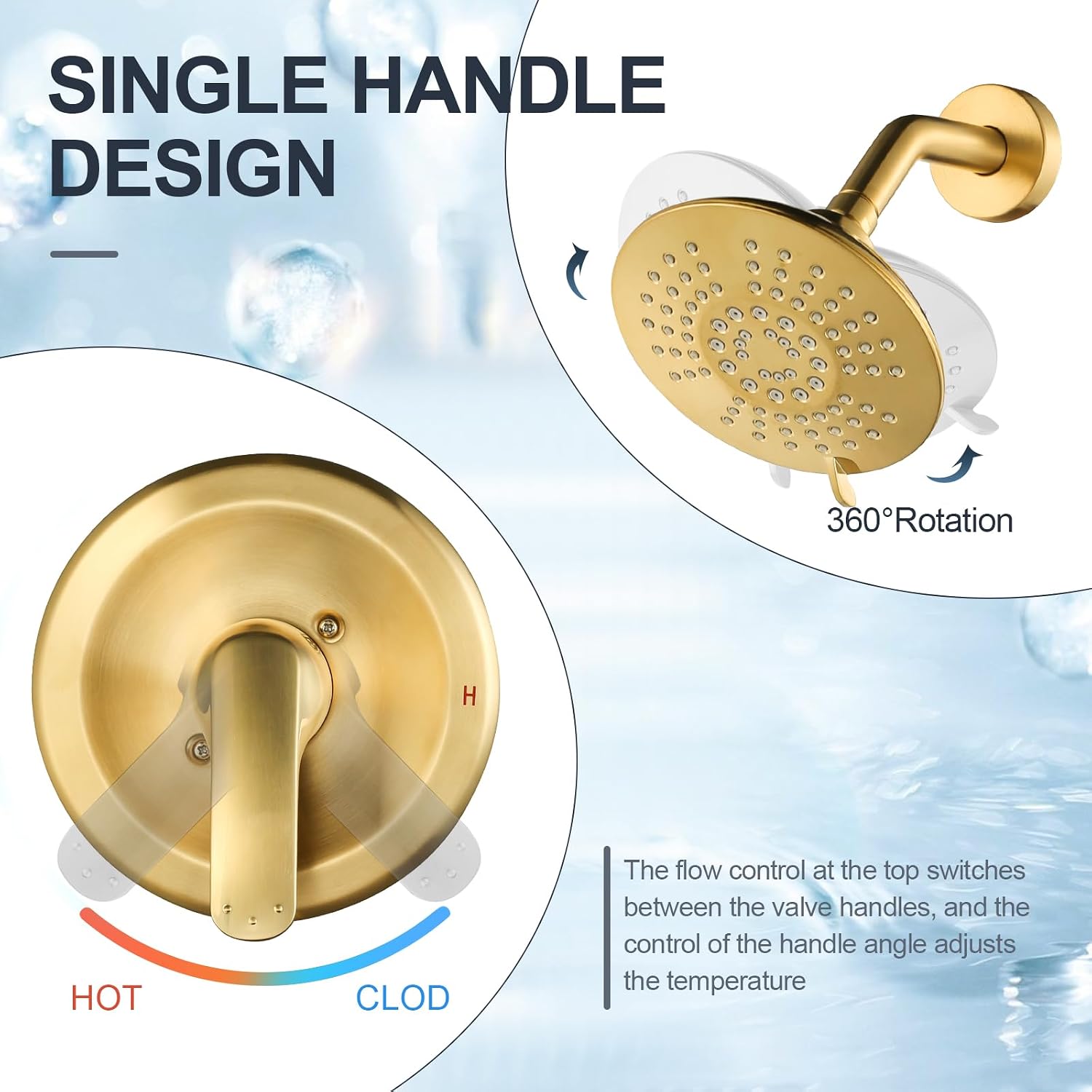 Shower Faucet with Valve, Bathroom Shower Faucet Kit, Solid Brass Shower Head Faucet Set Complete, Single Handle Rain Shower Head Trim Kit for Bathroom, Brushed Gold