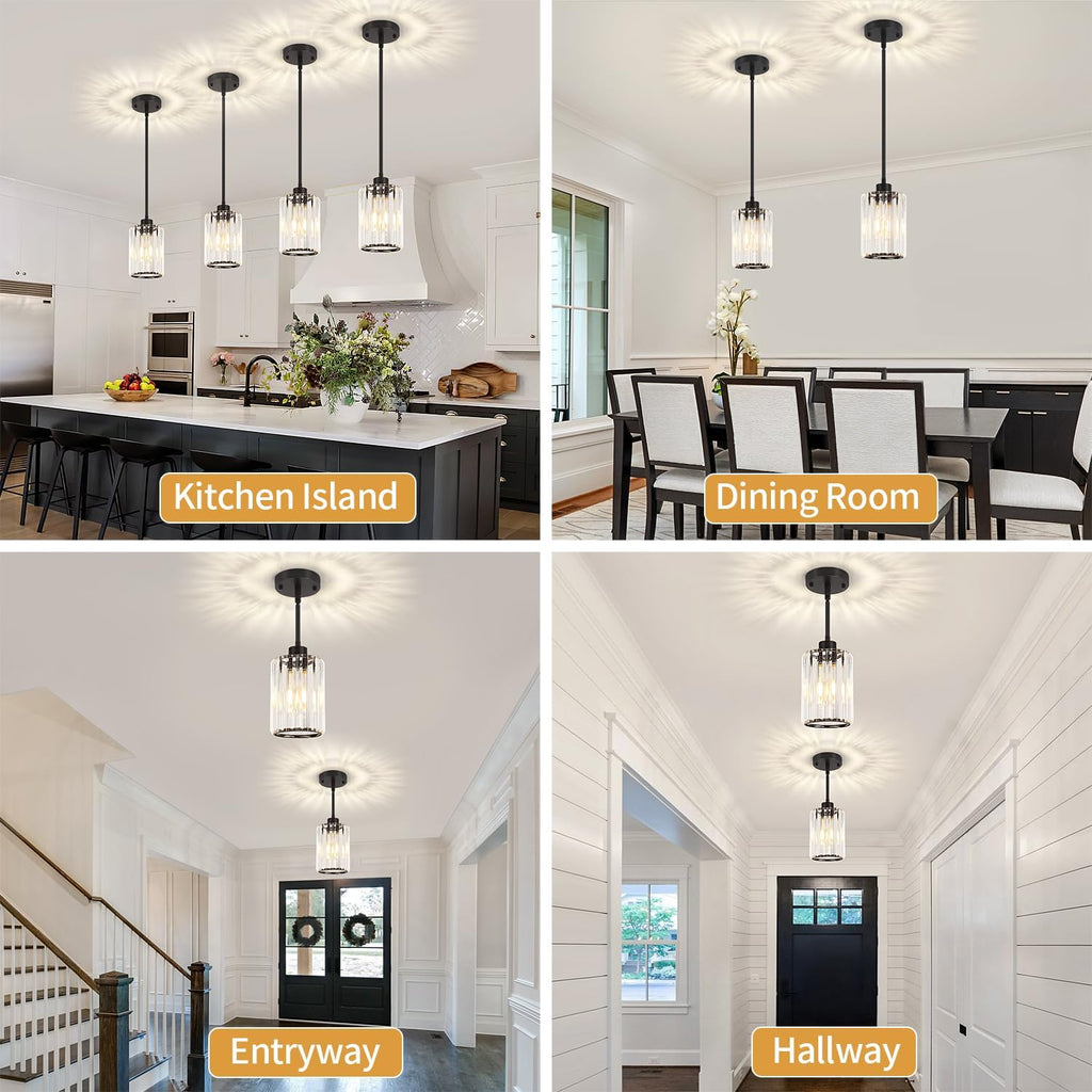 3 Pack Black Pendant Lights Kitchen Island, Modern Crystal Pendant Lighting Over Island, Hanging Kitchen Light Fixtures, Adjustable Mini Pendant Light for Bathroom Dining Room Hallway