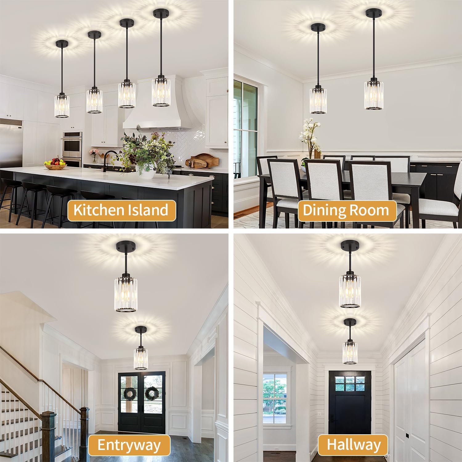 3 Pack Black Pendant Lights Kitchen Island, Modern Crystal Pendant Lighting Over Island, Hanging Kitchen Light Fixtures, Adjustable Mini Pendant Light for Bathroom Dining Room Hallway