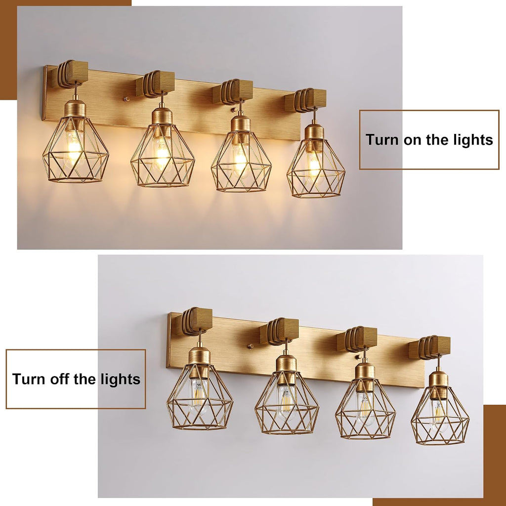 Farmhouse Bathroom Light Fixtures, 4-Light Gold Bathroom Vanity Light, Rustic Matte Antique Brass Finish with Metal Lampshade, Wall Sconces for Bedroom, Living Room, Hallway