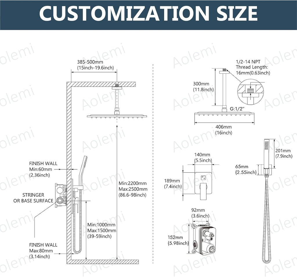 Aolemi Ceiling Mount Shower System Rain Shower Head with Handheld Spray High Pressure Shower Faucet Set Rough-in Valve Shower Trim Kit Included Bathroom Brushed Nickel 16 Inch Ceiling Shower Head