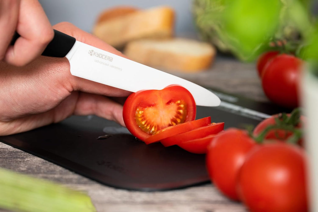 Kyocera Advanced Ceramics – Revolution Series 3-Piece Ceramic Knife Set: Includes 6-inch Chef's Knife; 5-inch Micro Serrated Knife; and 3-inch Paring Knife; Black Handles with White Blades