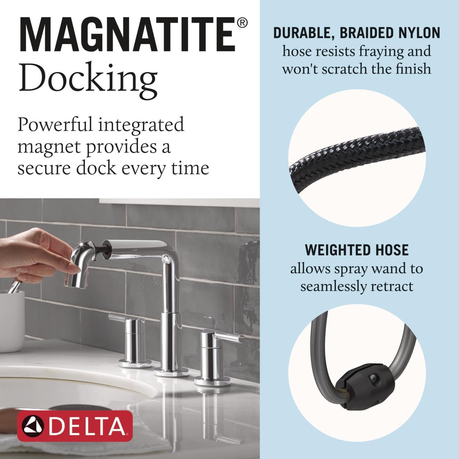 Delta Nicoli Chrome Bathroom Faucet with Sprayer, 8 Inch 3 Hole Widespread Bathroom Sink Faucet with Pull Out Sprayer, Push-Pop Drain, Chrome 35849LF-PD