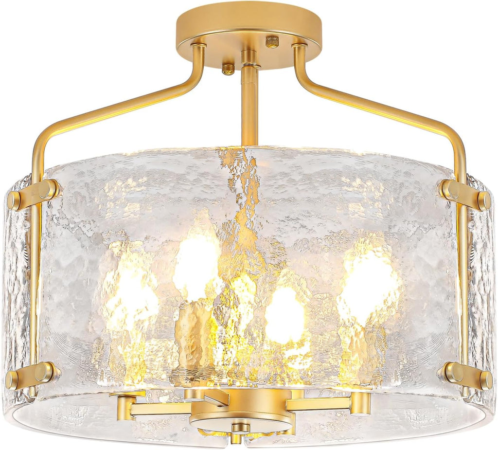 4-Light Gold Semi Flush Mount Ceiling Light, Modern Hammered Glass Drum Chandelier Entryway Light Fixtures Kitchen Close to Ceiling Lights for Bathroom Hallway Dining Room Foyer Lighting