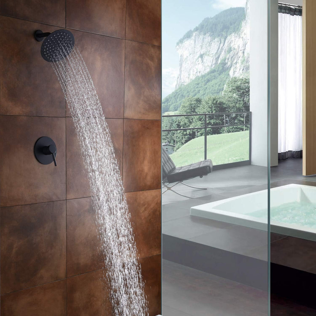 sumerain Matte Black Shower Faucet Set Pressure Balance Cartridge, 8 Inches Rain Shower Head, with Non-return Check Valves