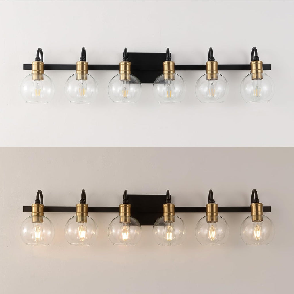 JONATHAN Y 44.25' Black/Brass Gold Vintage Wall Sconce, LED Vanity Light for Bathroom Bedroom Entryway, Clear Glass Globe Shade, Modern Industrial Arched Lamp, LED Bulb Included (JYL3557A)