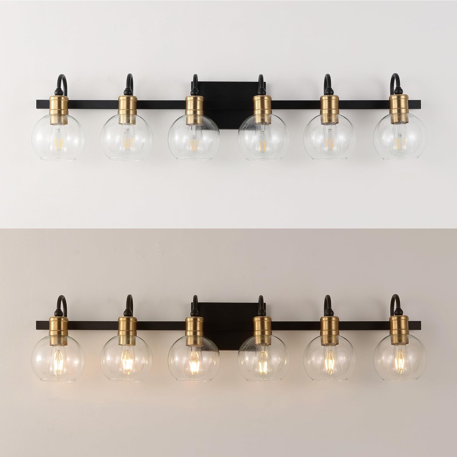 JONATHAN Y 44.25' Black/Brass Gold Vintage Wall Sconce, LED Vanity Light for Bathroom Bedroom Entryway, Clear Glass Globe Shade, Modern Industrial Arched Lamp, LED Bulb Included (JYL3557A)