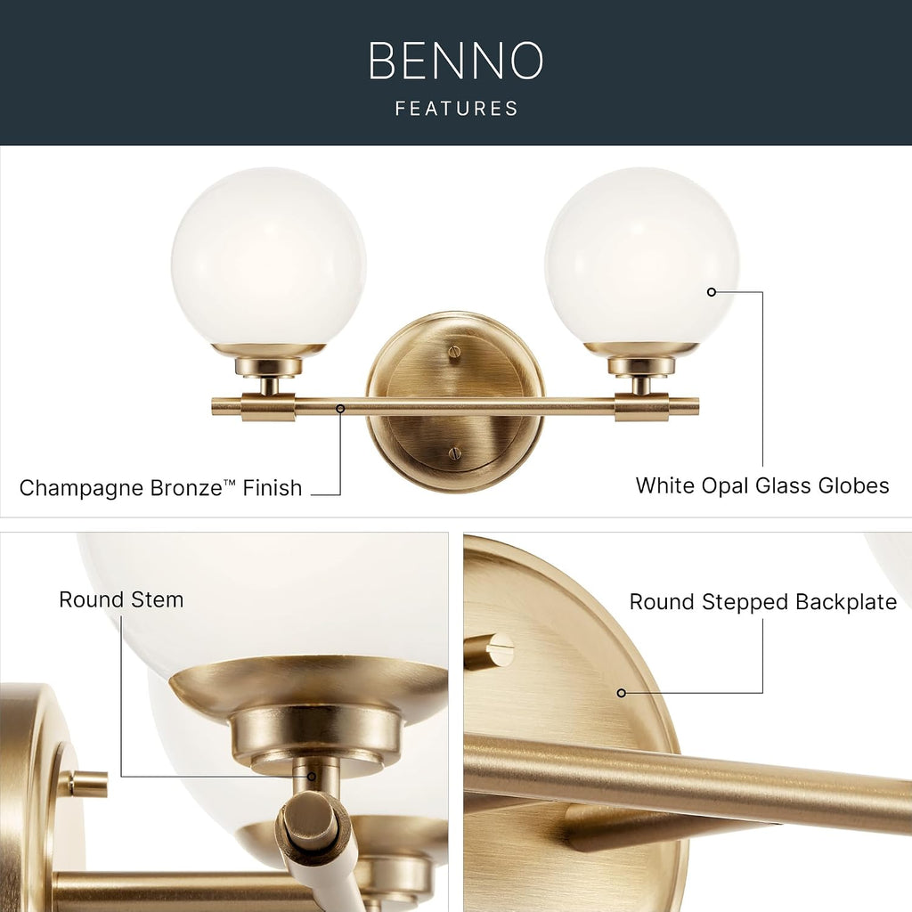 Kichler Benno 2-Light Bathroom Vanity Light Fixture, Modern Wall Mount Light with Opal Glass in Champagne Bronze for Bathroom or Powder Room (9.75' x 14.75'), 55171CPZ