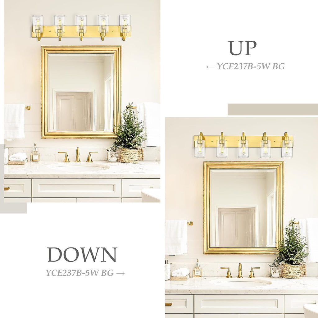Emliviar 5-Light Vintage Vanity Lighting for Bathroom, 37-Inch Wall Mount Light Fixture with Clear Glass Shade, Brushed Gold Finish, YCE237B-5W BG