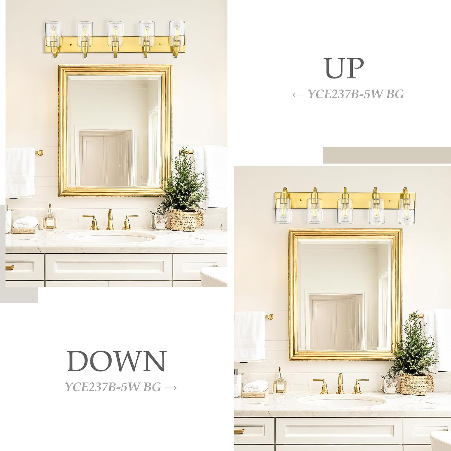 Emliviar 5-Light Vintage Vanity Lighting for Bathroom, 37-Inch Wall Mount Light Fixture with Clear Glass Shade, Brushed Gold Finish, YCE237B-5W BG