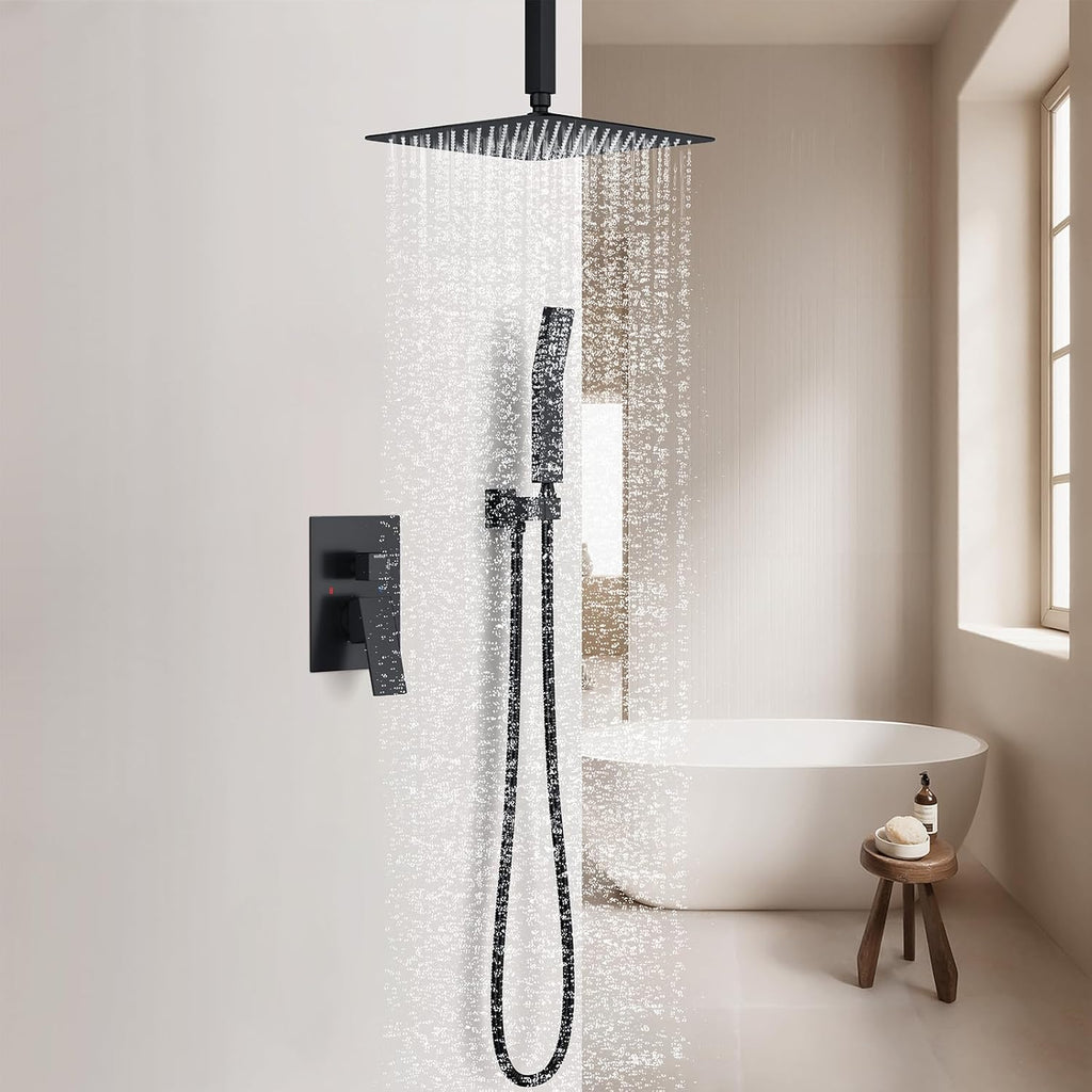 SunCleanse Rainfall Shower System Matte Black Ceiling Mounted Shower System Combo Set with High Pressure 12 Inches Square Rain Shower Head Handheld and Shower Faucet Rough-in Mixer Valve and Trim