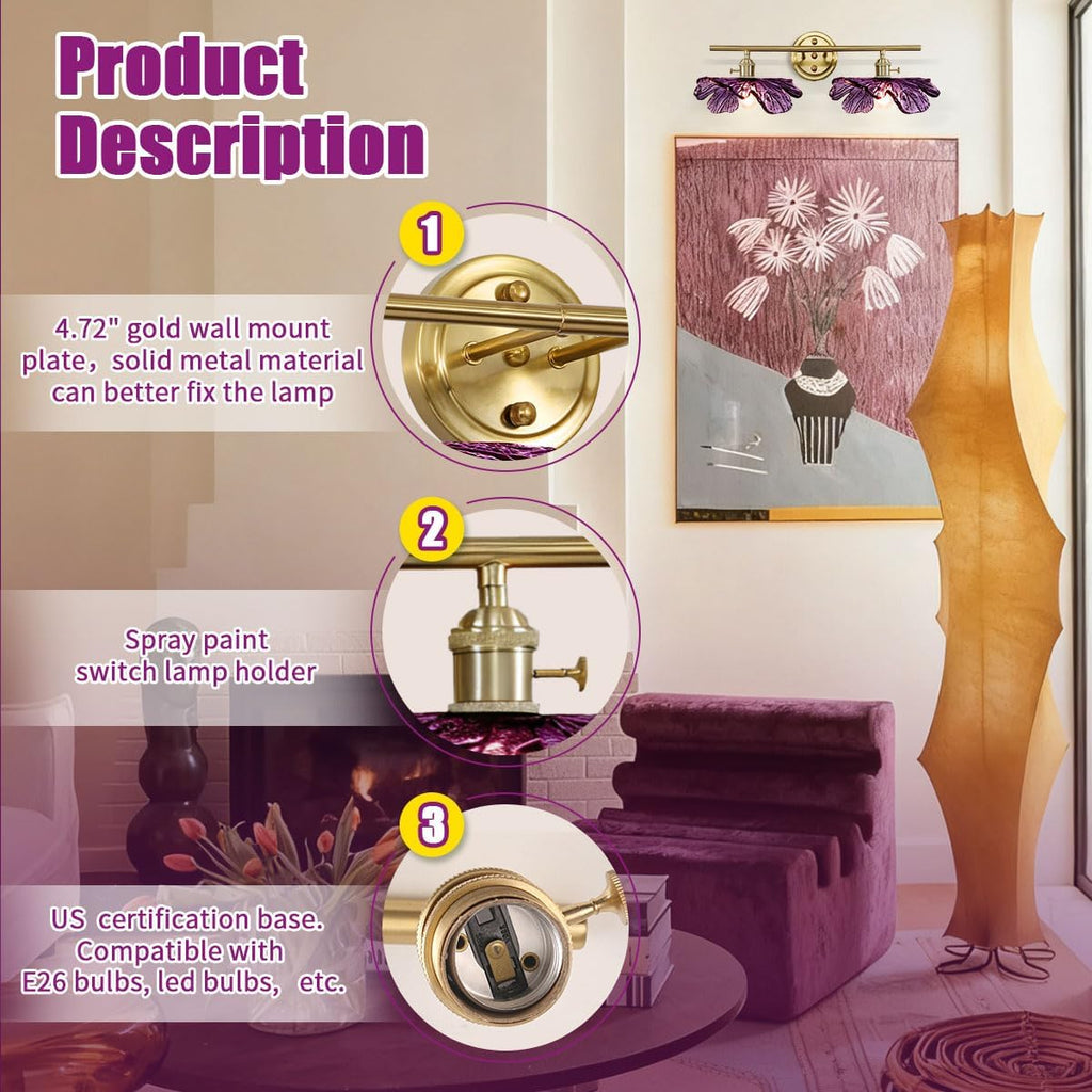 Purple Glass Wall Sconce, 2-Light Gold Bathroom Vanity Lights Over Mirror with Petal Glass Shade, Indoor Art Decor Wall Mount Light for Girl Room Doorway Hallway