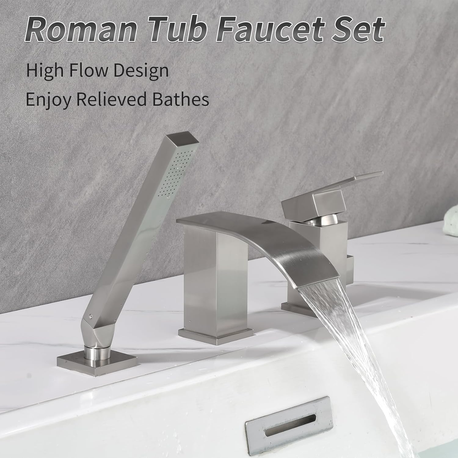 TapLong Waterfall Roman Tub Faucet with Hand Shower, Deck Mount Bathtub Faucets High Flow Widespread 3 Hole Bathtub Shower Faucet Set, Brushed Nickel, 03766BN