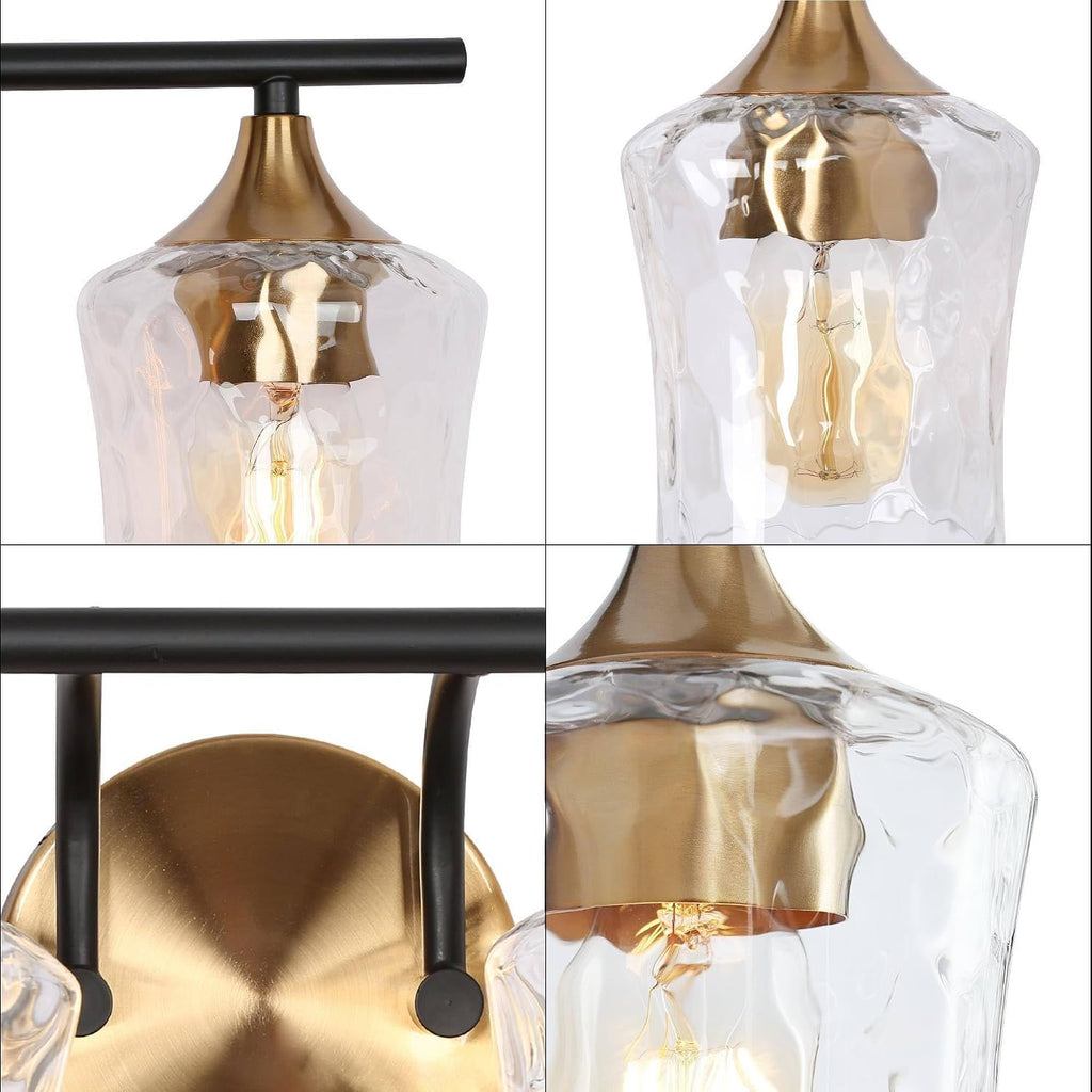 KSANA 28' Large Bathroom Vanity Lights, 4 Light Mid-Century Modern Vanity Light with Textured Glass Shade Black and Electroplated Brass Bathroom Light Fixtures for Hallway, Entryway