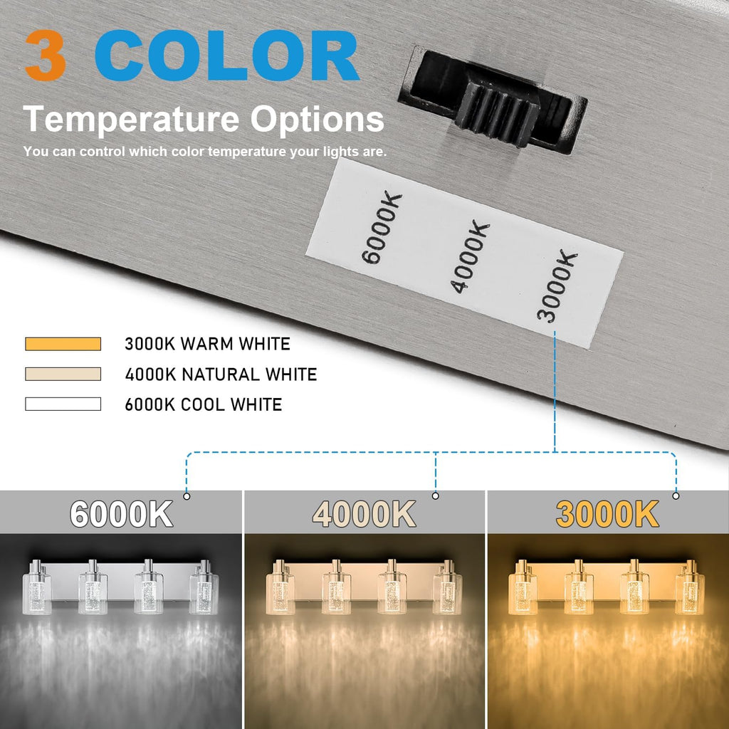 SineRise Vanity Light with 3 Color Modes (3000K/4000K/6000K), Eye Protection LED Bathroom Light Fixture, Dimmable Modern Wall Light Over Mirror with Clear Glass Shade (Chrome, 4-Light)
