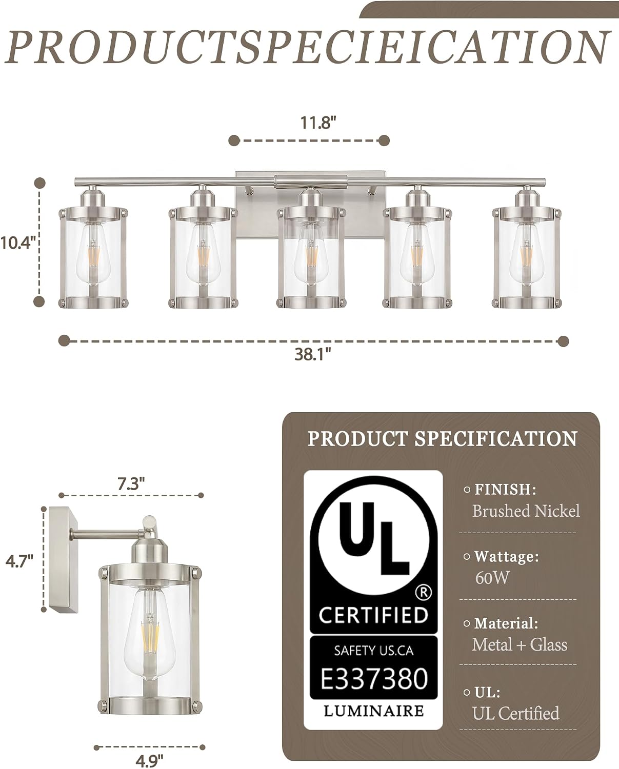 5-Light Brushed Nickel Bathroom Light Fixtures Over Mirror with Clear Glass and Metal Cage Shade, 38' UL-Listed Modern Farmhouse Wall Sconce for Bath, Hardwire E26, OS-3014BN-5W