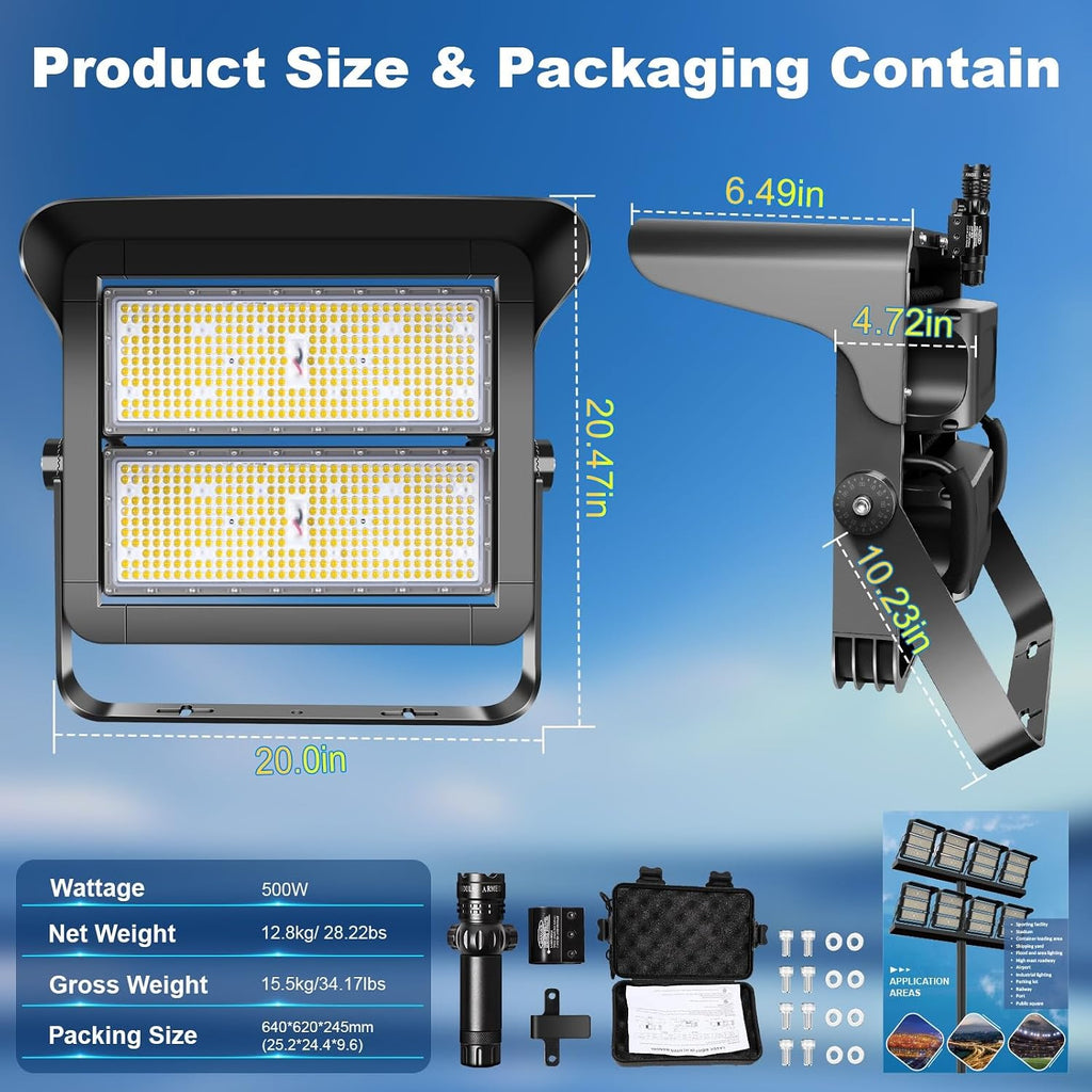 75000LM Dimmable Led Stadium Flood Light 3000W Equivalent Super Bright 0-500w Led Arena Lights 100-277v 5000k Yoke Mount Ip66 Waterproof Outdoor Wall Light Commercial for,Yard,Barn,Court