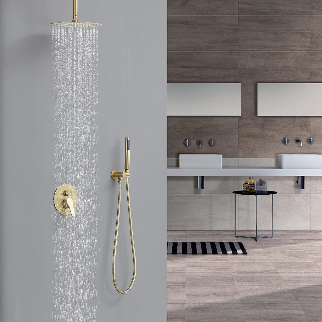 Iriber Brushed Gold Ceiling Mount Round Rain Shower System with 12 Inch Shower Head and Handheld Bathroom Golden Shower Set Contain Shower Faucet Mixer Trim Kit (Valve Included)