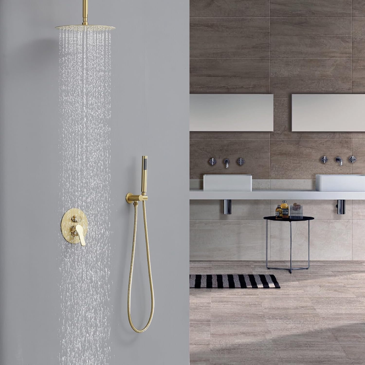Iriber Brushed Gold Ceiling Mount Round Rain Shower System with 12 Inch Shower Head and Handheld Bathroom Golden Shower Set Contain Shower Faucet Mixer Trim Kit (Valve Included)