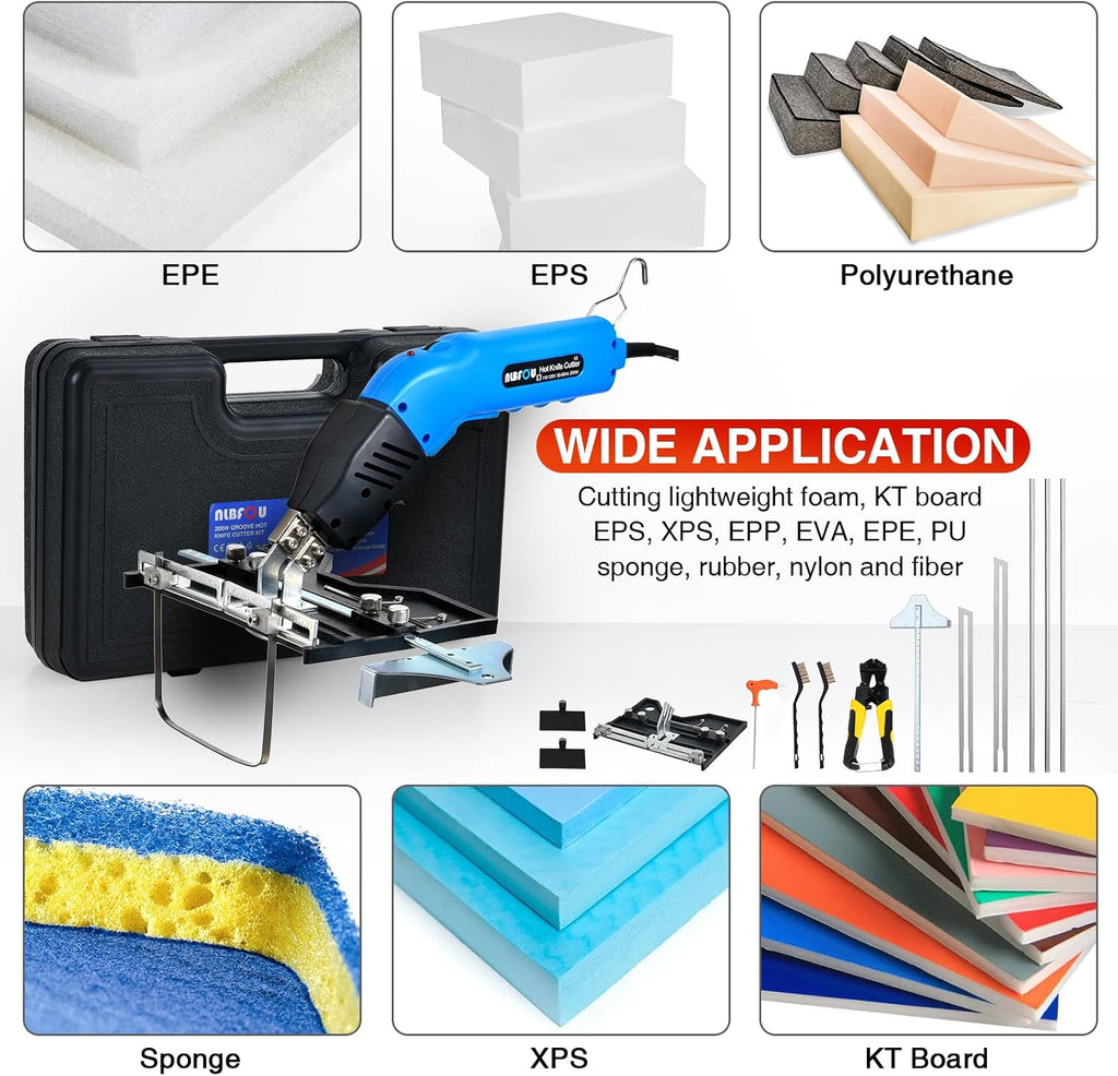 NLBFOU Electric Hot Knife Kit for Grooving/Sculpting/Cutting (5 Blades) Air Cooled 200W 110-120V Pro Slotter Foam Cutting Tool Styrofoam Cutter for XPS, EPP, EPS, EVA, EPE, KT Board, Sponge