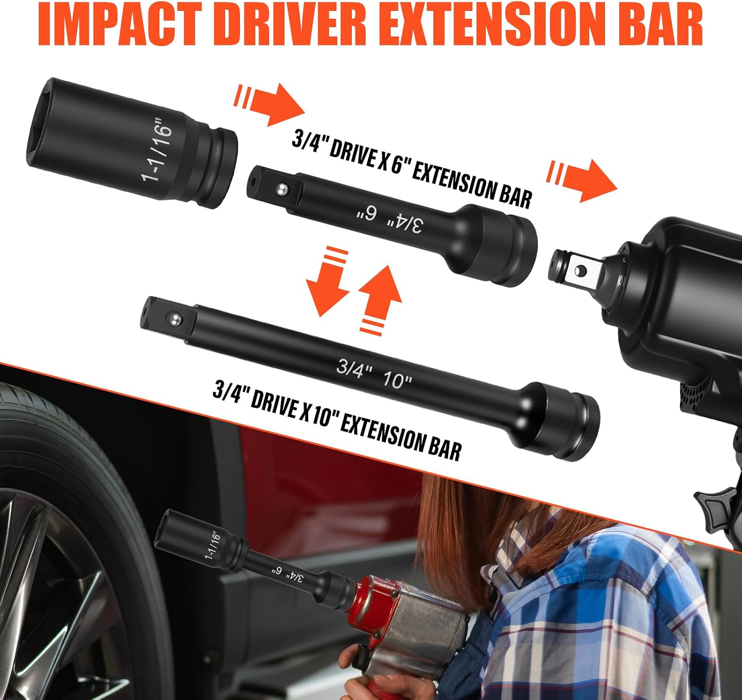 3/4' Drive Deep Impact Socket Set,21Pcs SAE (3/4 to 2 Inch) Sizes with Ratchet Wrench (24 tooth) Andextension Rod,6-Point Socket,Cr-Mo Steel Includes Adapters