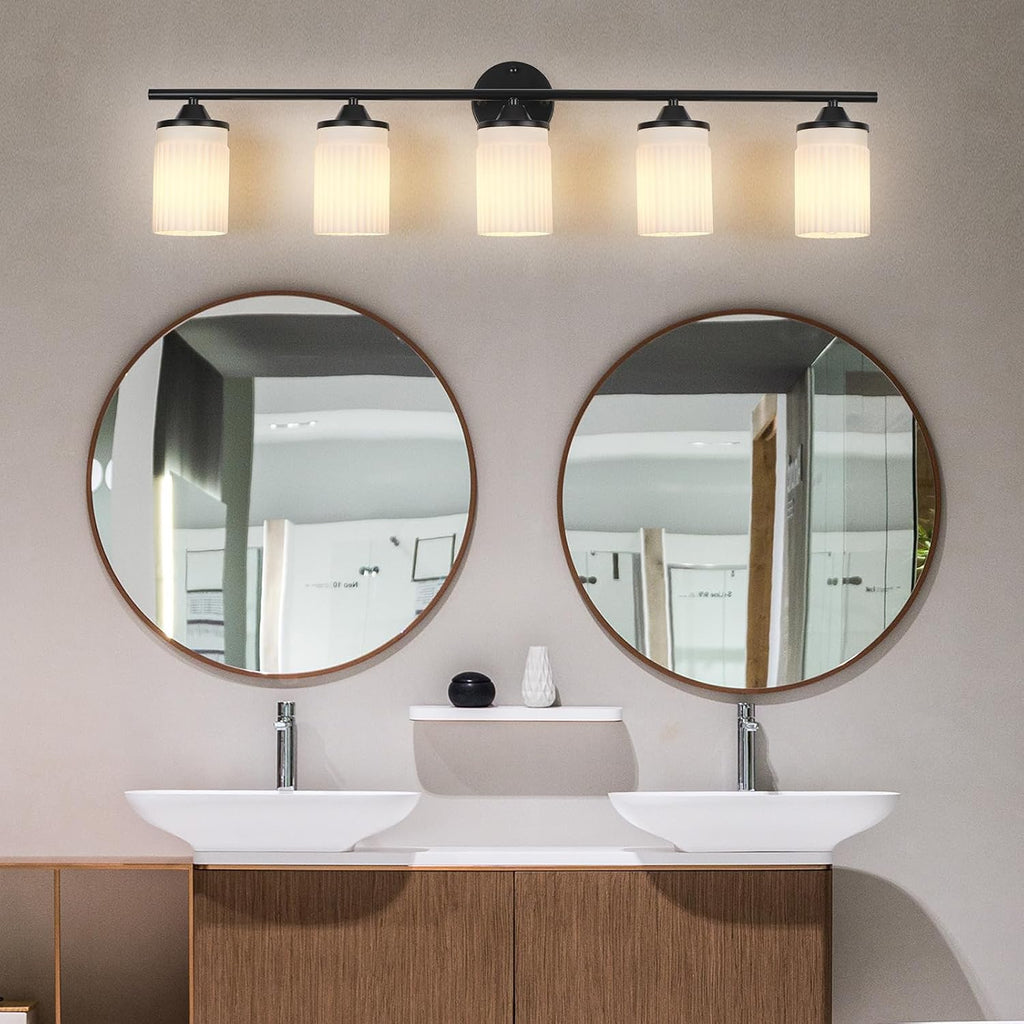 Jonsi Black Bathroom Light Fixtures 5-Light Vanity Lights Modern Wall Sconce with Milk White Shade Brushed Brass Bathroom Light Fixture Over Mirror for Bedroom Hallway Kitchen
