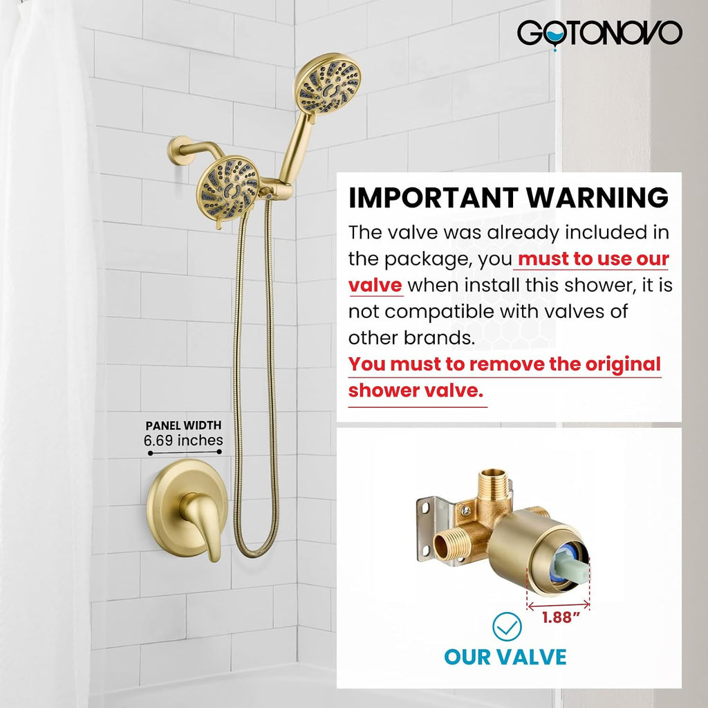 gotonovo Dual 2 in 1 Shower Head Kit High Pressure Combo System Shower Faucet 6 Modes ABS Handheld Spray Shower Trim Kit with Valve Shower Head and Handle Set Brushed Gold