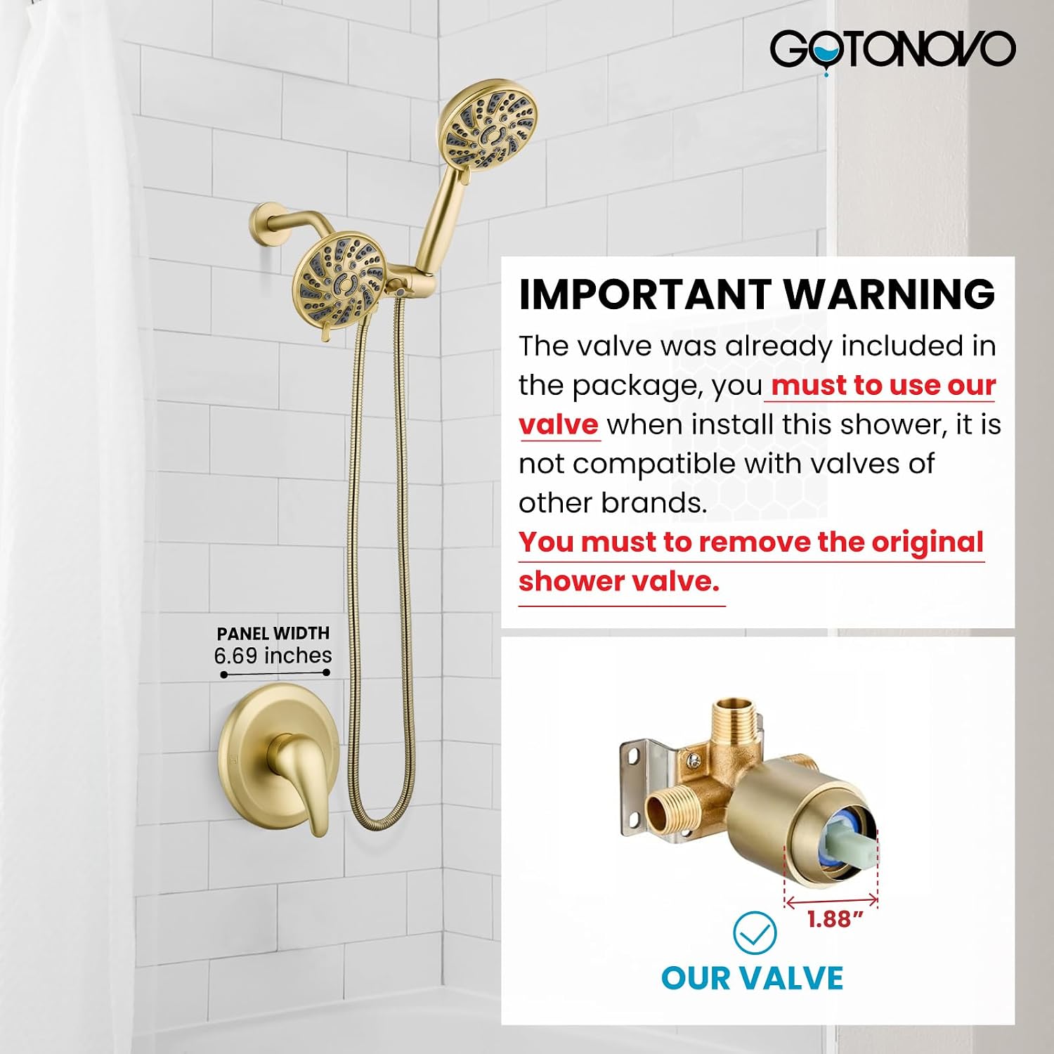 gotonovo Dual 2 in 1 Shower Head Kit High Pressure Combo System Shower Faucet 6 Modes ABS Handheld Spray Shower Trim Kit with Valve Shower Head and Handle Set Brushed Gold