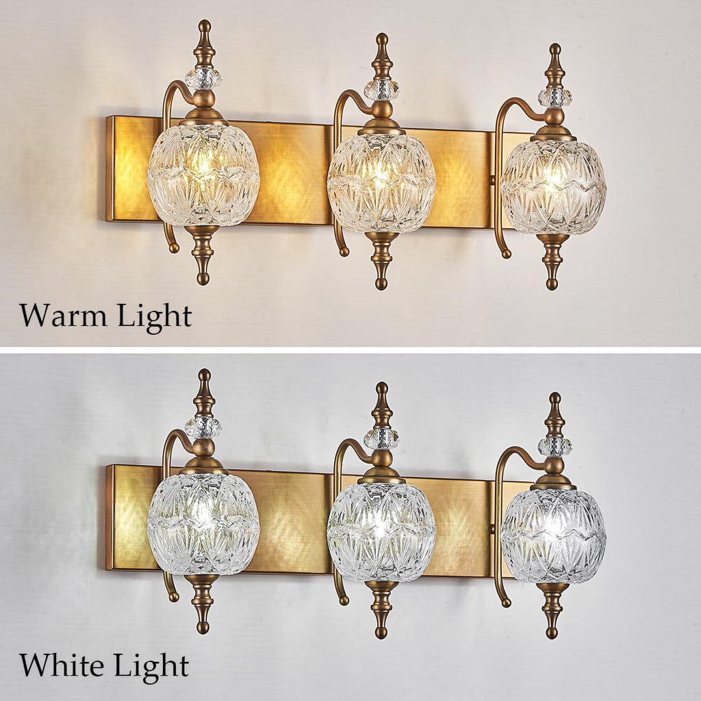 Vintage Bathroom Vanity Light Fixtures, 3 Lights Bathroom Wall Sconce Lighting Matte Brushed Antique Brass Finish with Crystal Glass Shade, Vintage Vanity Light for Bathroom Bedroom