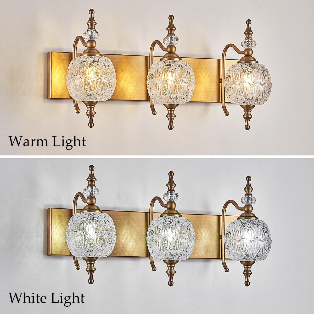 Vintage Bathroom Vanity Light Fixtures, 3 Lights Bathroom Wall Sconce Lighting Matte Brushed Antique Brass Finish with Crystal Glass Shade, Vintage Vanity Light for Bathroom Bedroom