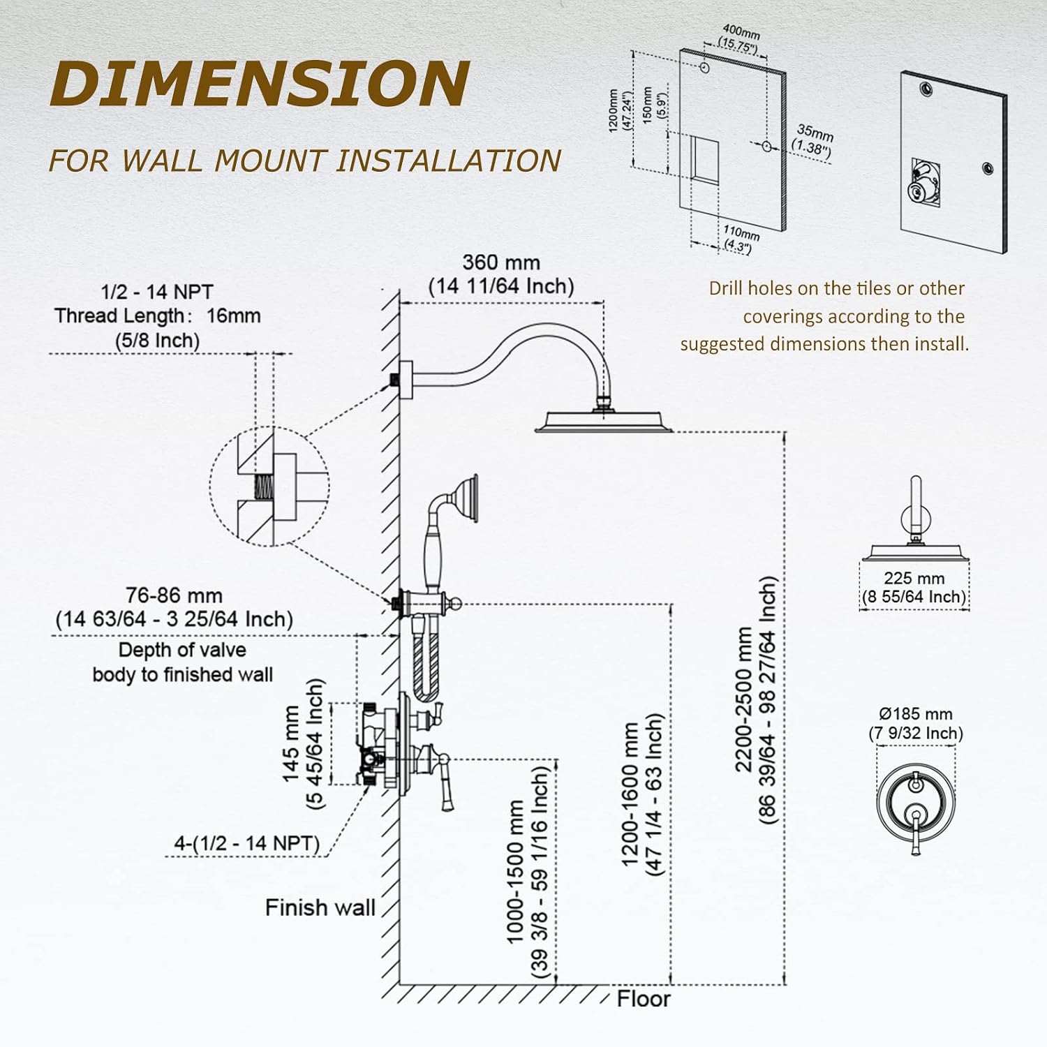 Rain Shower Head with Handheld Spray, Rainfall Shower System with Rough-in Valve, Shower Faucet Set with Pressure Balance Valve, 9 Inch Luxury Shower Trim Kit Wall Mount, Matte Black