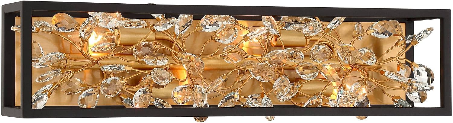 Possini Euro Design Carrine Modern Wall Lights Set of 2 Black Gold Plated Hardwired 6' 4-Light Fixture Clear Crystal Flower Vine for Bedroom Bathroom Vanity Reading Living Room Hallway House Home