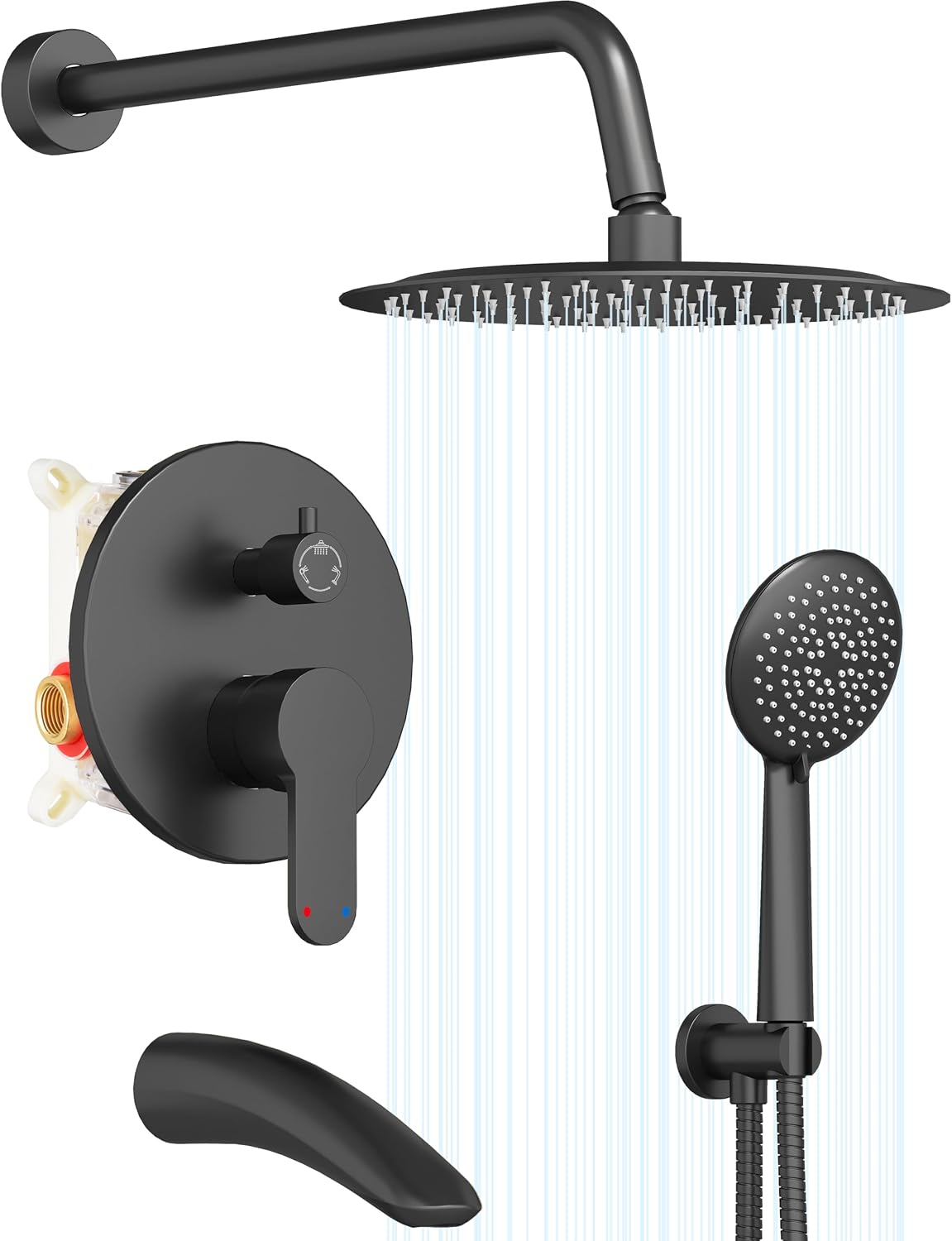 Gabrylly Shower System with Tub Spout, Black Bathtub Shower Faucet Set with 3-Way Pressure Balance Valve Kit, 10' Rain Head with Handheld Spray, Matte Black