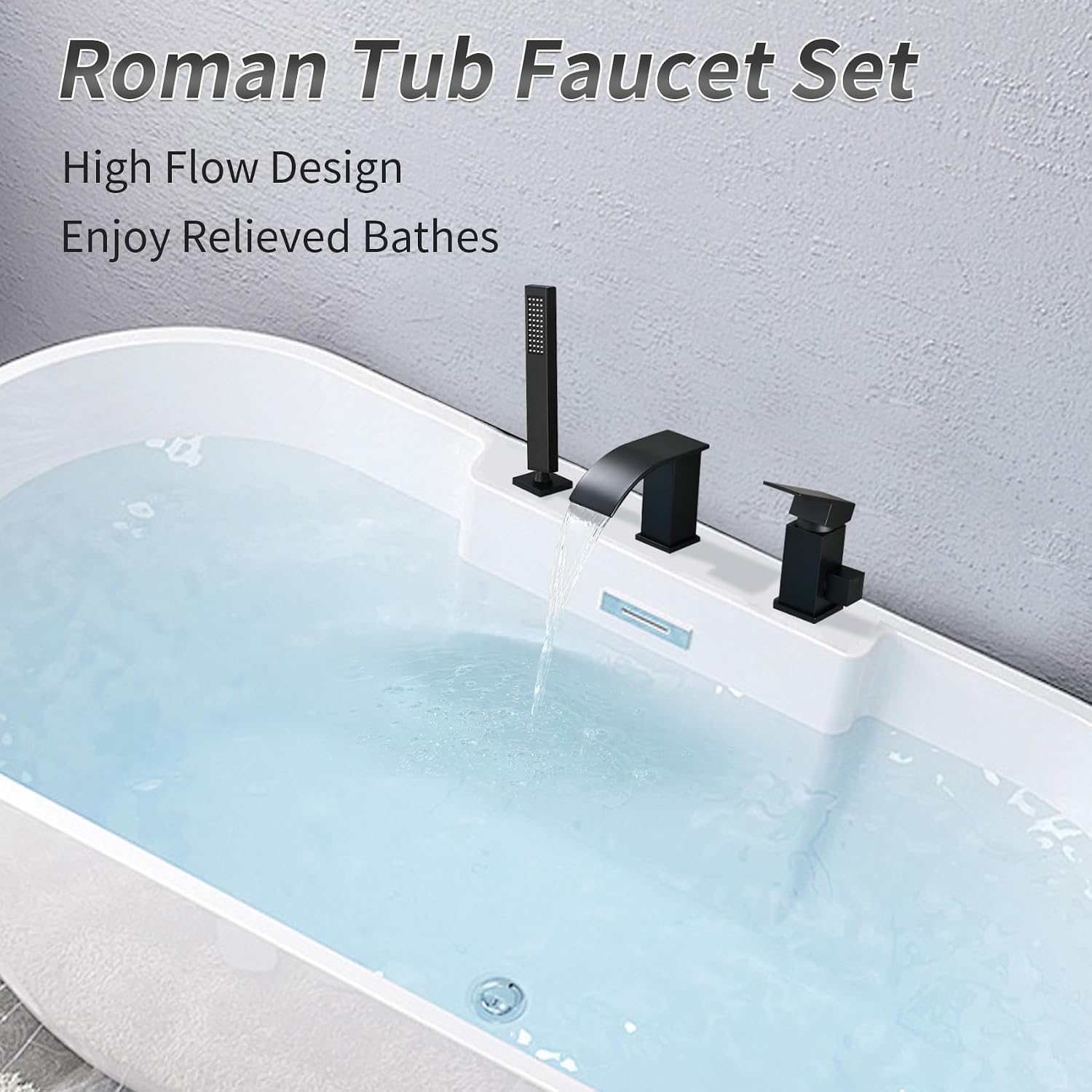 TapLong Waterfall Roman Tub Faucet with Hand Shower, Deck Mount 3 Hole Bathtub Faucet Set High Flow Bath Tub Faucet Set Deck Mount Solid Brass, Matte Black,03766B