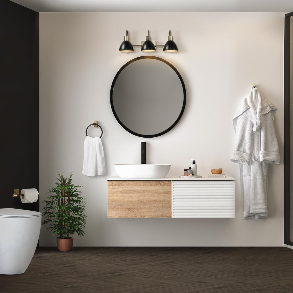 GLOBE Electric 63000058 5-Piece All-in-One Bathroom Accessory Set, Brass & Black, 3-Light Vanity Light, Towel Bar, Toilet Paper Holder, Towel Ring, Robe Hook, Bathroom Lights Over Mirror
