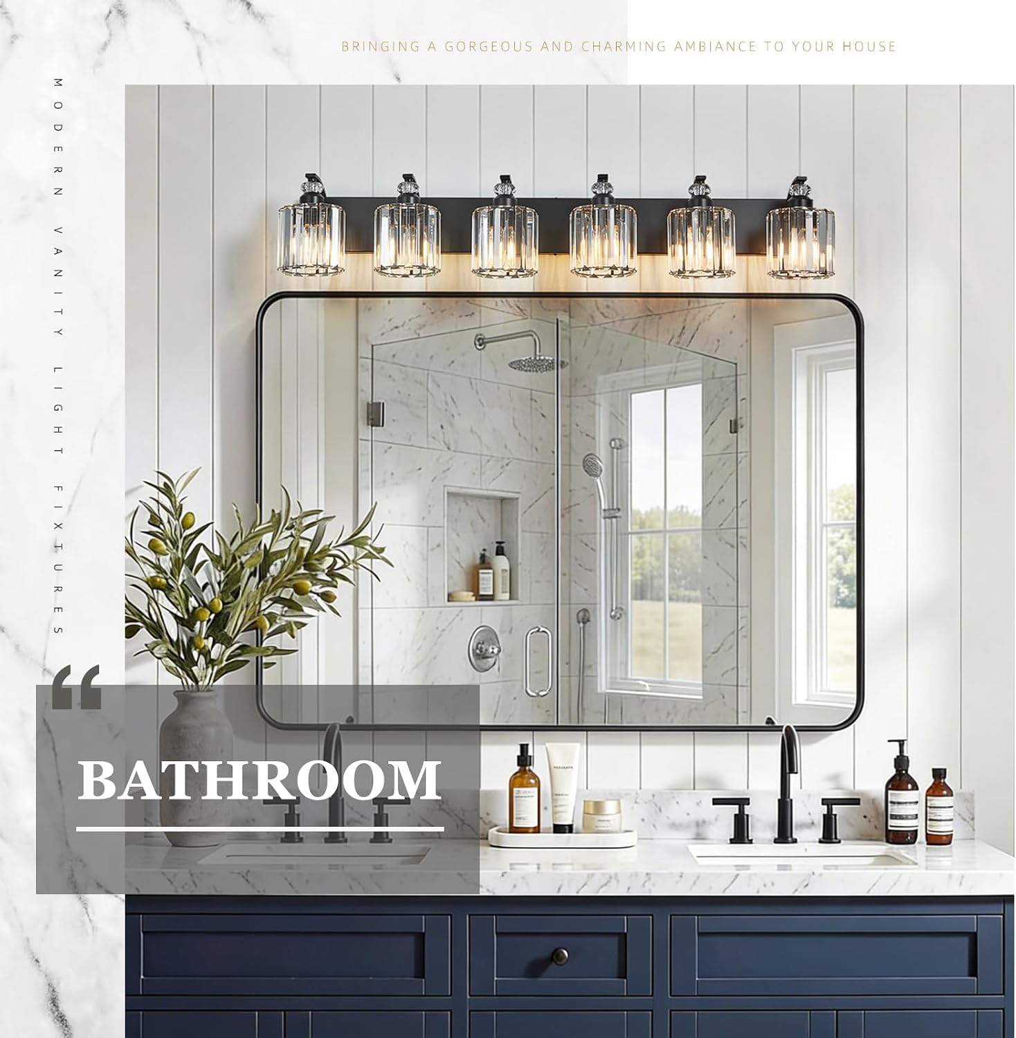 6-Light Black Bathroom Light Fixture Modern Vanity Lights Over Mirror Vintage Wall Sconce Lighting for Bathroom, Bedroom, Living Room, Hallway E26 Base with Crystal Bathroom Vanity Light