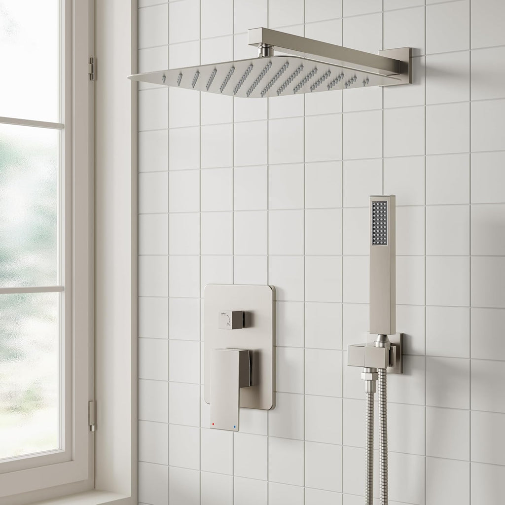 ESNBIA Shower System, 12 Inches Pressure Balance Shower Faucet Set, Rain Shower Heads with Handheld Spray Combo, High Pressure Rainfall Shower Head System, Wall Mounted Shower Fixtures, Brushed Nickel