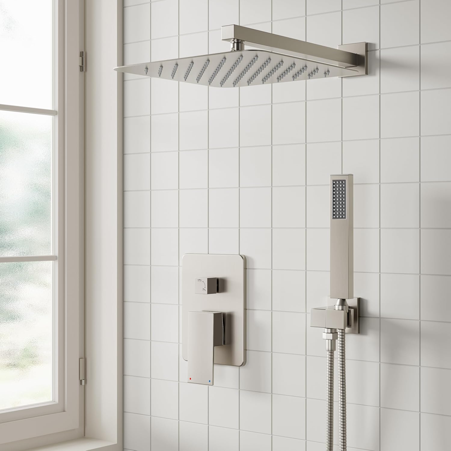 ESNBIA Shower System, 12 Inches Pressure Balance Shower Faucet Set, Rain Shower Heads with Handheld Spray Combo, High Pressure Rainfall Shower Head System, Wall Mounted Shower Fixtures, Brushed Nickel