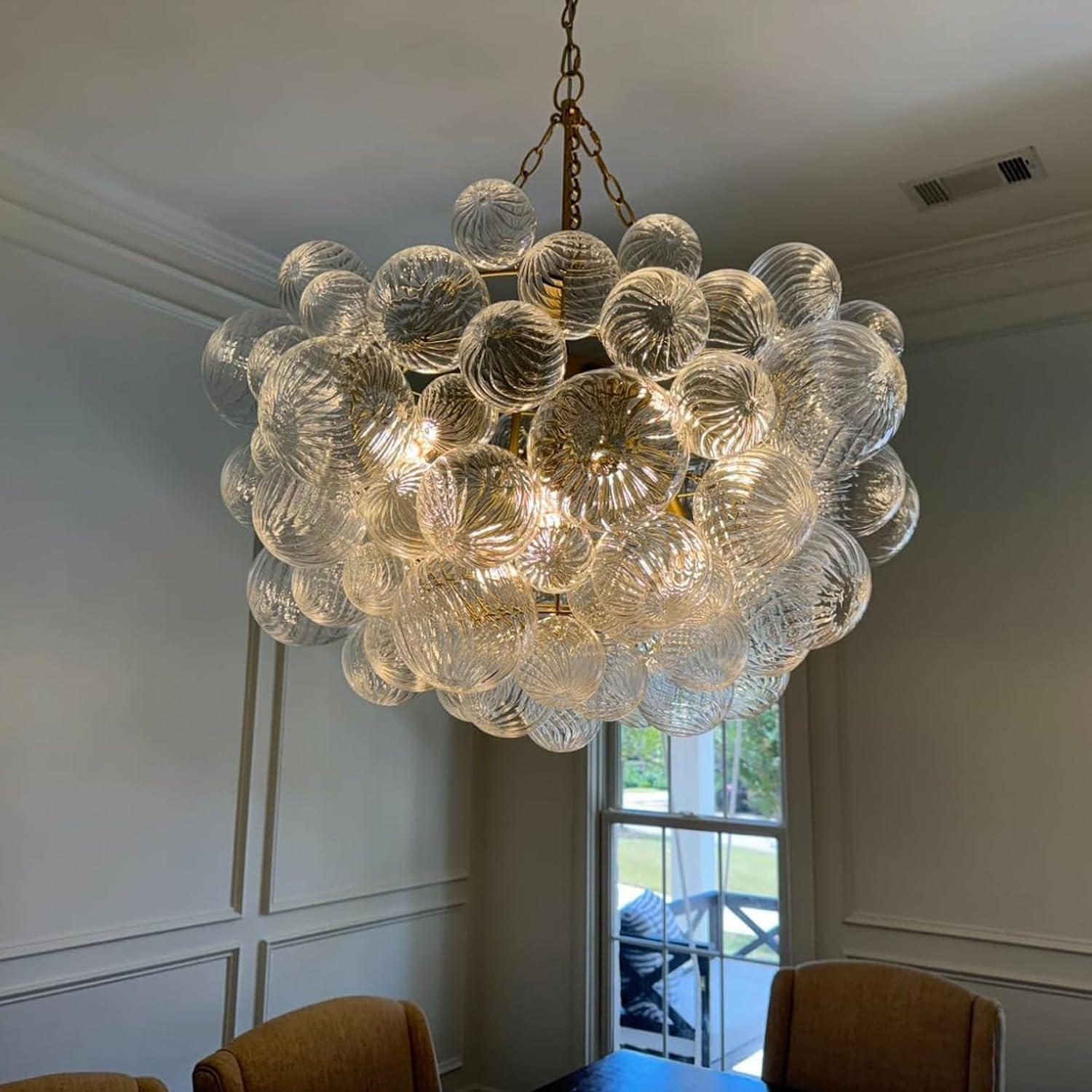 Mid Century Bubble Ball Chandeliers Dia 36 Inch Decorative Lights Swirled Ribbed Glass Clear Blown Glass Globe Chandelier Large Pendant Light Fixture for Bedroom Dining Room Over Table