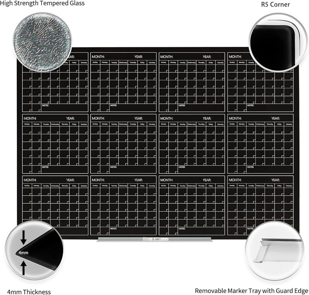 Magnetic Whiteboard Calendar Black Glass Board Yearly Calendar - 35' X 47' Large Wall Calendar - White Board Dry Erase Planner for Wall Home, School, Office