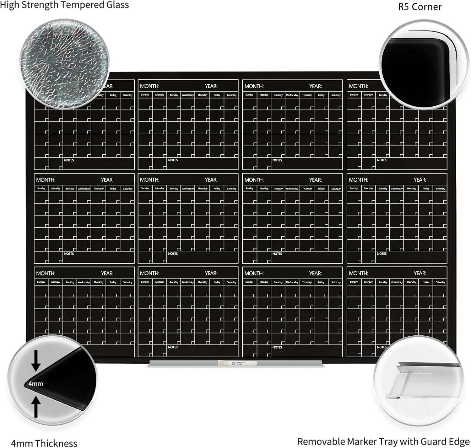 Magnetic Whiteboard Calendar Black Glass Board Yearly Calendar - 35' X 47' Large Wall Calendar - White Board Dry Erase Planner for Wall Home, School, Office