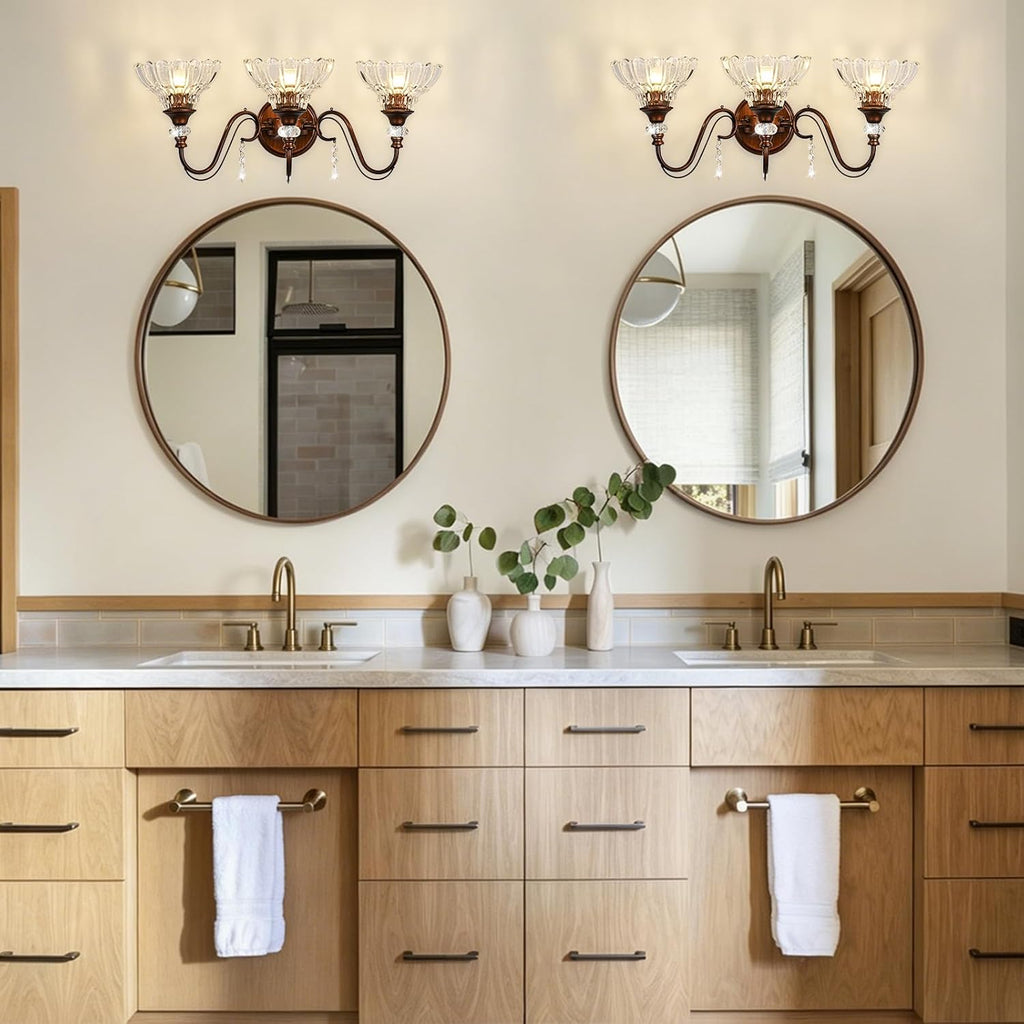 Vintage Bathroom Vanity Light, 3-Light Matte Antique Red Bronze Finish Wall Sconce with Hanging Crystal Accent and Flower-Shaped Clear Glass Shades, Retro Wall Mount Vanity Light Over Mirror