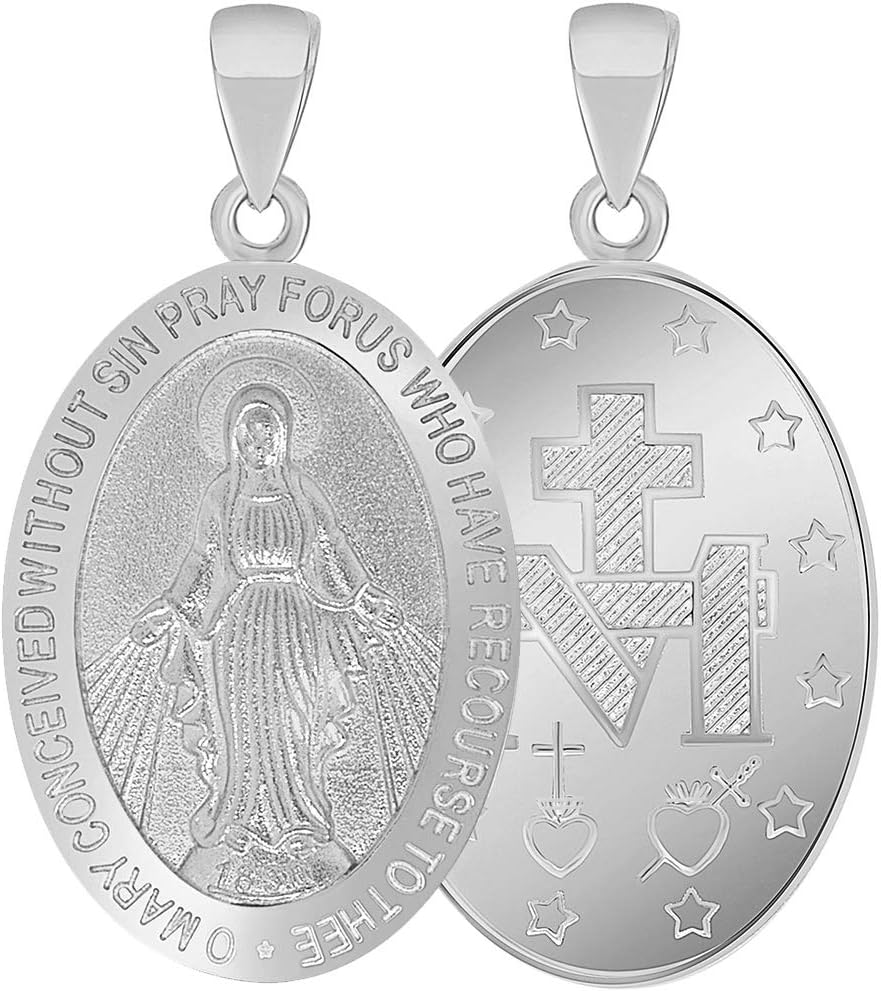 Jewelry America Solid 14k White Gold Classic Miraculous Medallion of the Virgin Mary Pendant (Small)