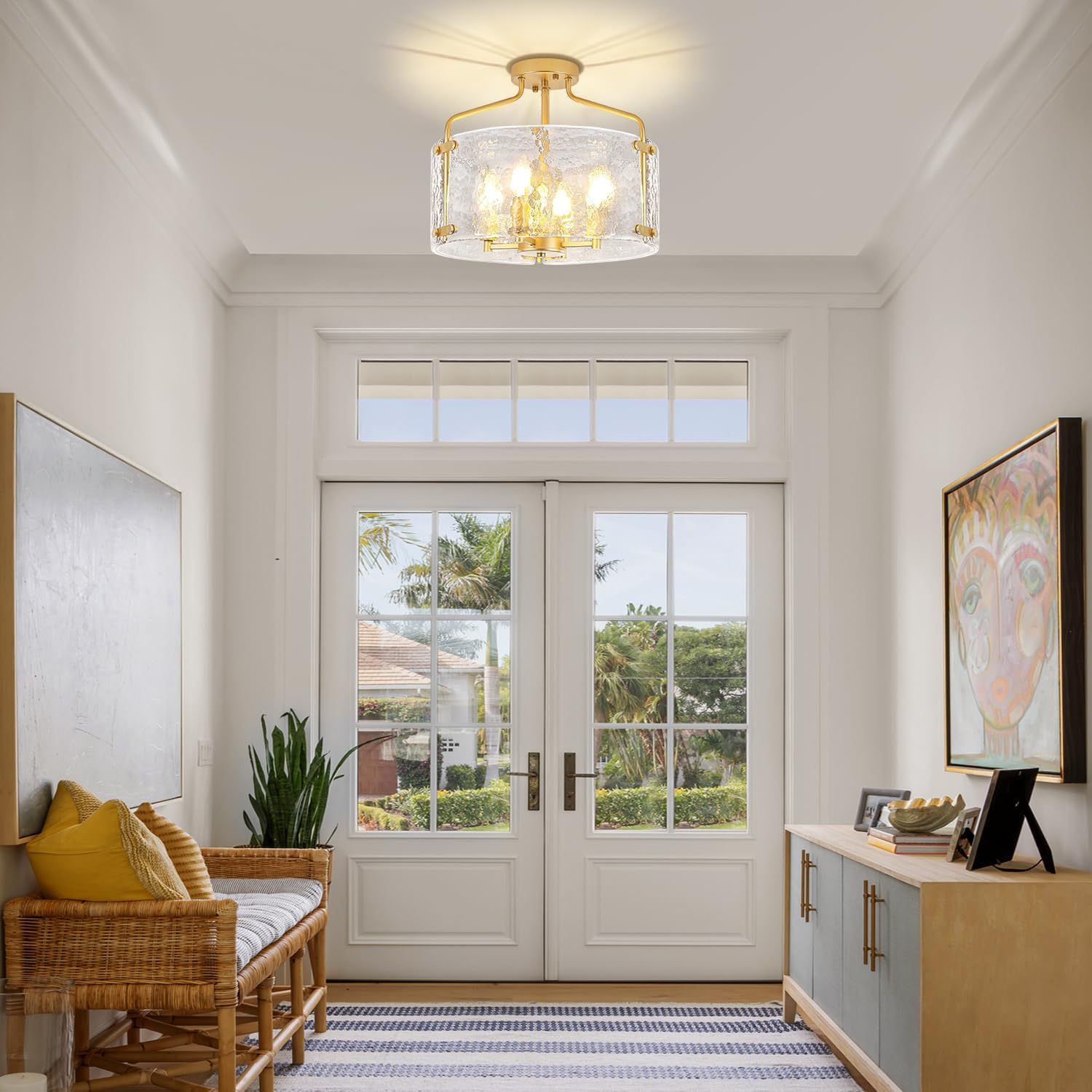 4-Light Gold Semi Flush Mount Ceiling Light, Modern Hammered Glass Drum Chandelier Entryway Light Fixtures Kitchen Close to Ceiling Lights for Bathroom Hallway Dining Room Foyer Lighting