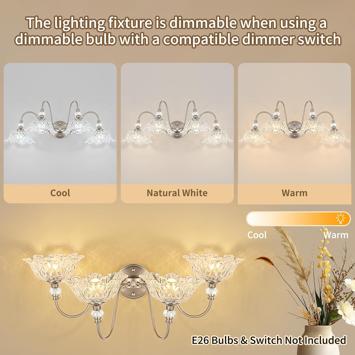 Brushed Nickel Bathroom Vanity Light, 4-Light Vanity Light with Floral Clear Glass Shades, Brushed Nickel Wall Mount Lighting for Bathroom, Dressing Table