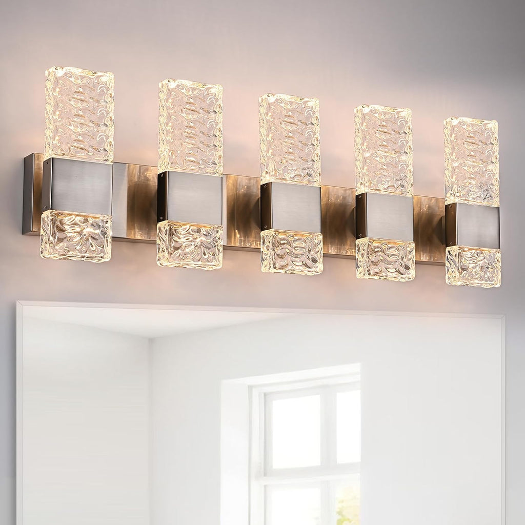 5-Light LED Brushed Nickel Bathroom Vanity Light Fixtures,40W Modern Wall Mounted Lights with Crystal Lampshade Vanity Wall Lamp for Mirror Hallway