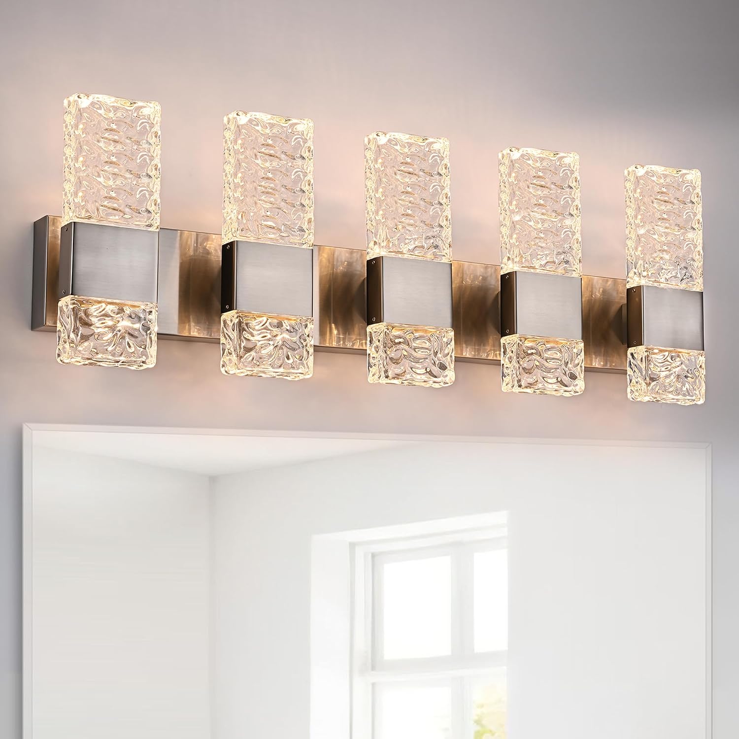 5-Light LED Brushed Nickel Bathroom Vanity Light Fixtures,40W Modern Wall Mounted Lights with Crystal Lampshade Vanity Wall Lamp for Mirror Hallway